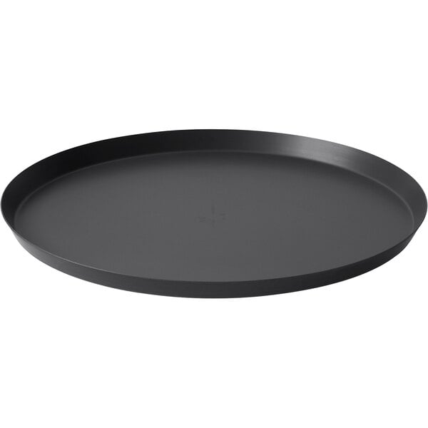 Commercial-grade aluminum pizza pan with dark pre-seasoned finish