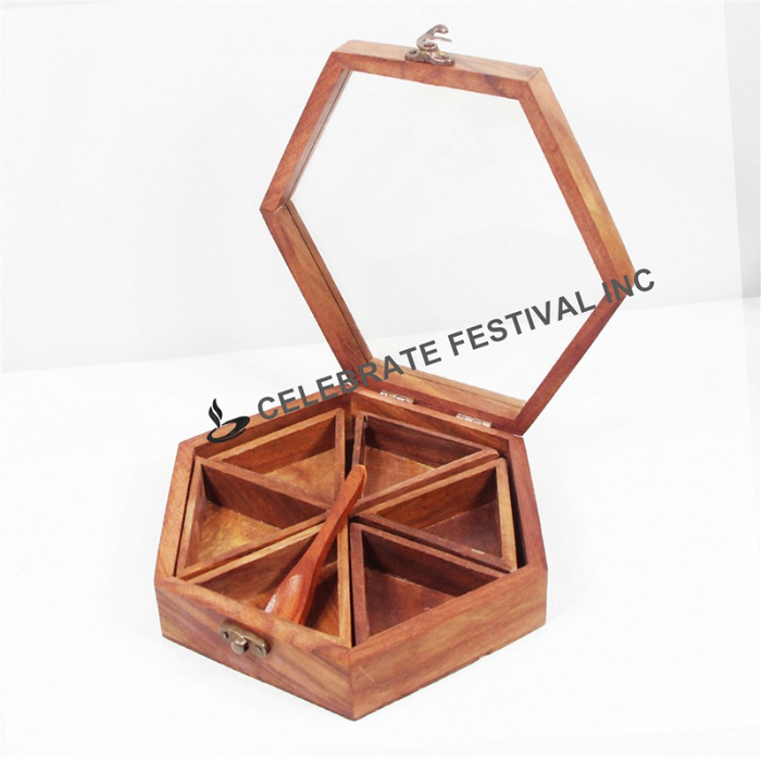 Hexagon Wooden Spice Box/ Masala Dabba / Organizer- 8" see Thru Lid and 6 Sections