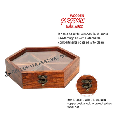 Hexagon Wooden Spice Box/ Masala Dabba / Organizer- 8" see Thru Lid and 6 Sections