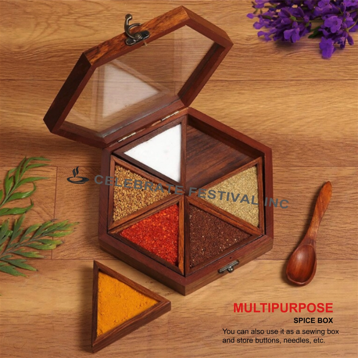 Hexagon Wooden Spice Box/ Masala Dabba / Organizer- 8" see Thru Lid and 6 Sections