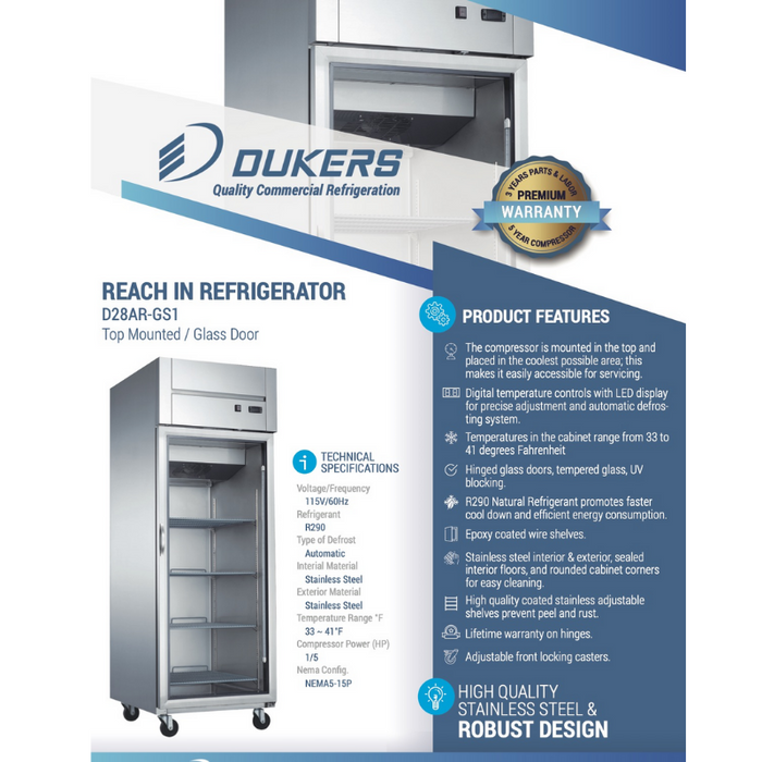 Dukers Reach-Ins Refrigerator D28AR-GS1 Top Mount Single Glass Door Commercial Reach-in Refrigerator