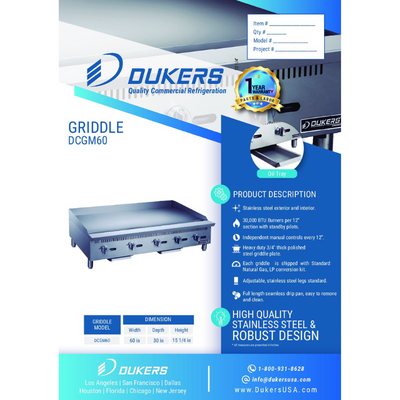 Dukers Griddles DCGM60 60 in. W Griddle with 5 Burners