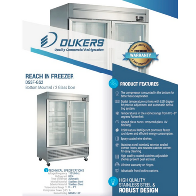 Dukers Reach-Ins Refrigerator D55F-GS2 Bottom Mount Glass 2-Door Commercial Reach-in Freezer