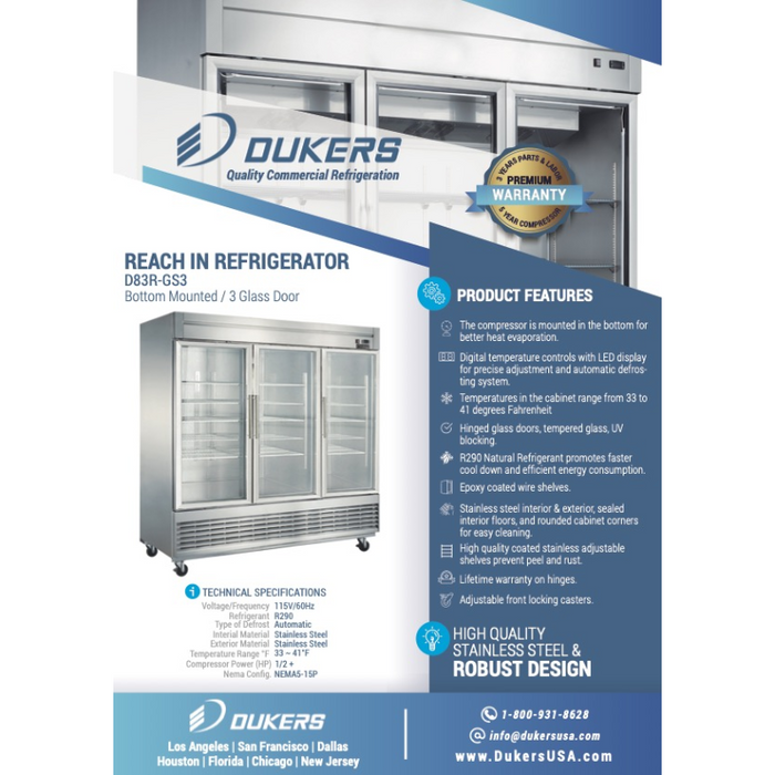 Dukers Reach-Ins Refrigerator D83R-GS3 Bottom Mount Glass 3-Door Commercial Reach-in Refrigerator