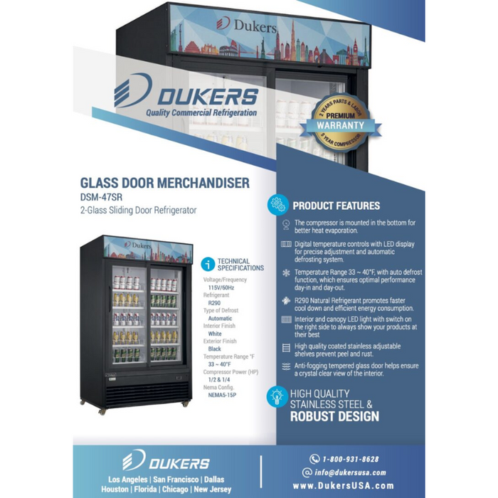 Dukers Glass Door Merchandiser Refrigerator DSM-47SR Commercial Glass Sliding 2-Door Merchandiser Refrigerator in Black