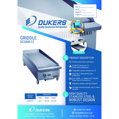 Dukers Griddles DCGMA12 12 in. W Griddle with 1 Burners