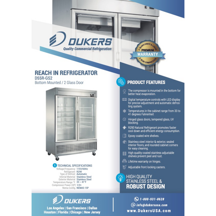 Dukers Reach-Ins Refrigerator D55R-GS2 Bottom Mount Glass 2-Door Commercial Reach-in Refrigerator