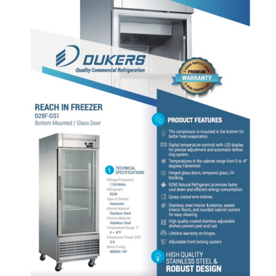 Dukers Reach-Ins Refrigerator D28F-GS1 Bottom Mount Glass Single Door Commercial Reach-in Freezer