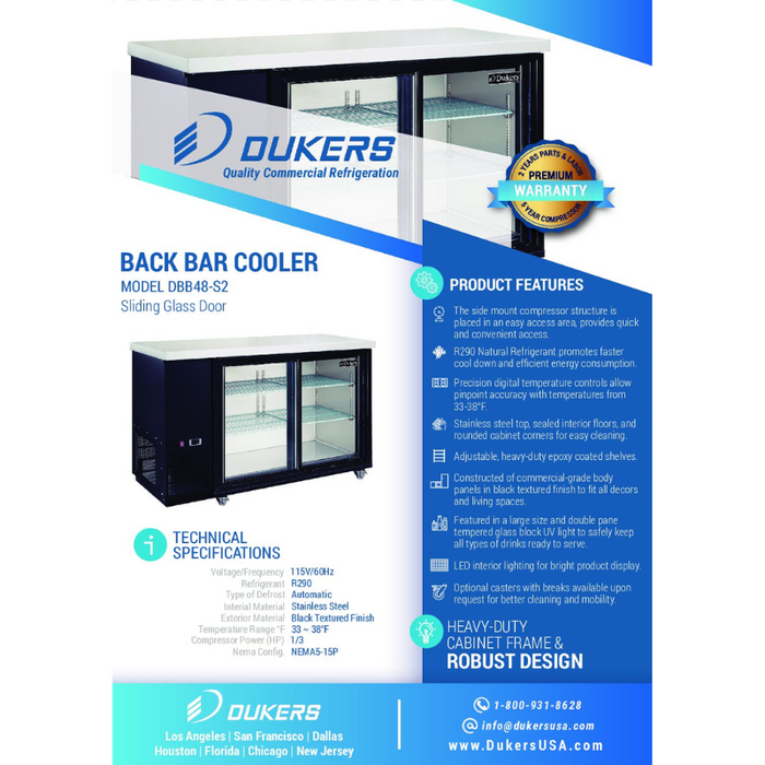 Dukers Bar Beverage Cooler Refrigerator DBB48-S2 2-Door Bar and Beverage Cooler (Sliding Doors)