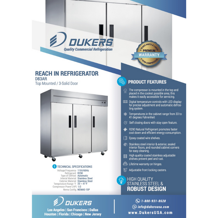 Dukers Reach-Ins Refrigerator D83AR Commercial 3-Door Top Mount Refrigerator in Stainless Steel