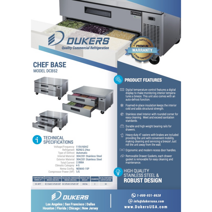 Dukers Chef Base Refrigerators DCB52-D2 Chef Base Refrigerator with 2 Drawers