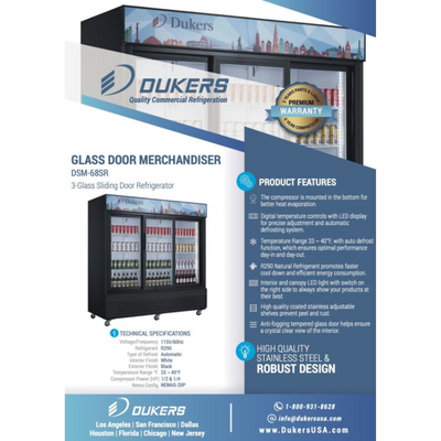 Dukers Glass Door Merchandiser Refrigerator DSM-68SR Commercial Glass Sliding 3-Door Merchandiser Refrigerator
