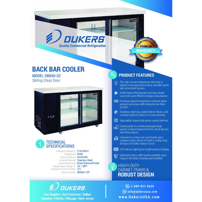 Dukers Bar Beverage Cooler Refrigerator DBB60-S2 2 Door Bar and Beverage Cooler (Sliding Doors)