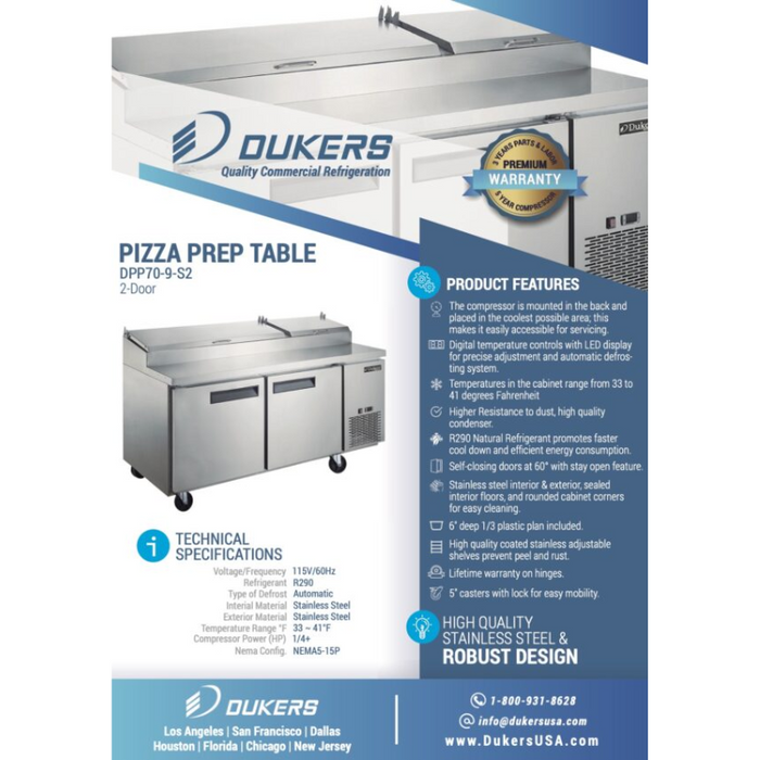 Dukers Pizza Prep Table Refrigerator DPP70-9-S2 Commercial 2-Door Pizza Prep Table Refrigerator