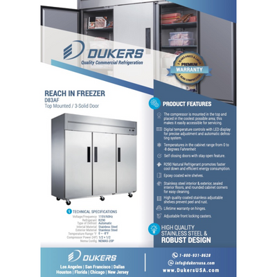 Dukers Reach-Ins Refrigerator D83AF Commercial 3-Door Top Mount Freezer in Stainless Steel