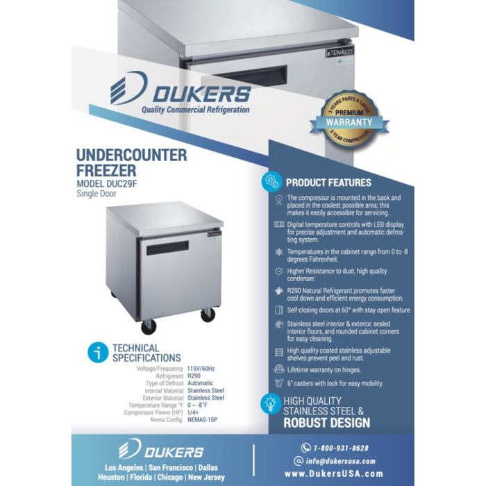 Dukers Undercounter Freezer DUC29F Single Door Undercounter Freezer in Stainless Steel