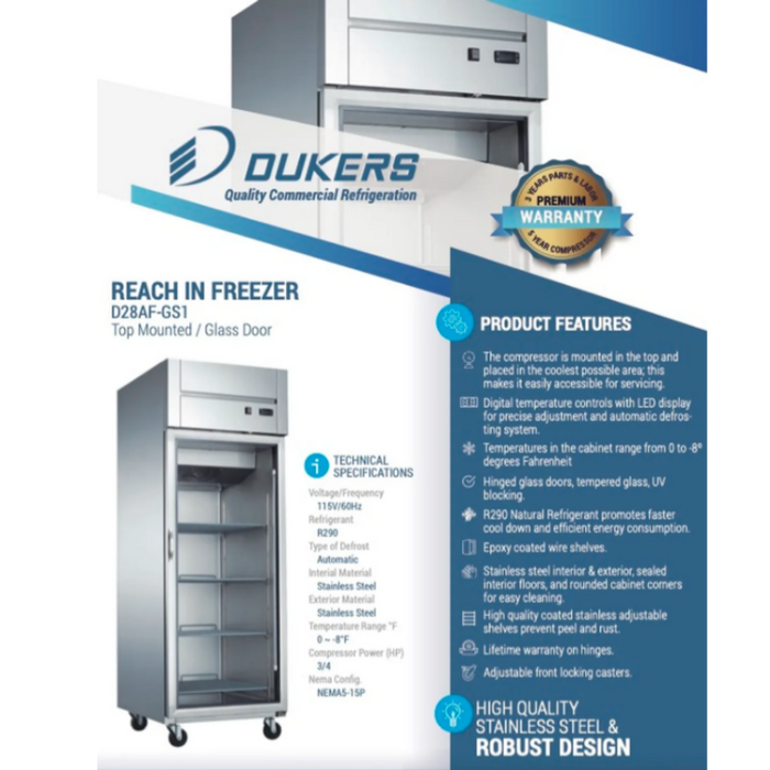Dukers Reach-Ins Refrigerator D28AF-GS1 Top Mount Single Glass Door Commercial Reach-in Freezer