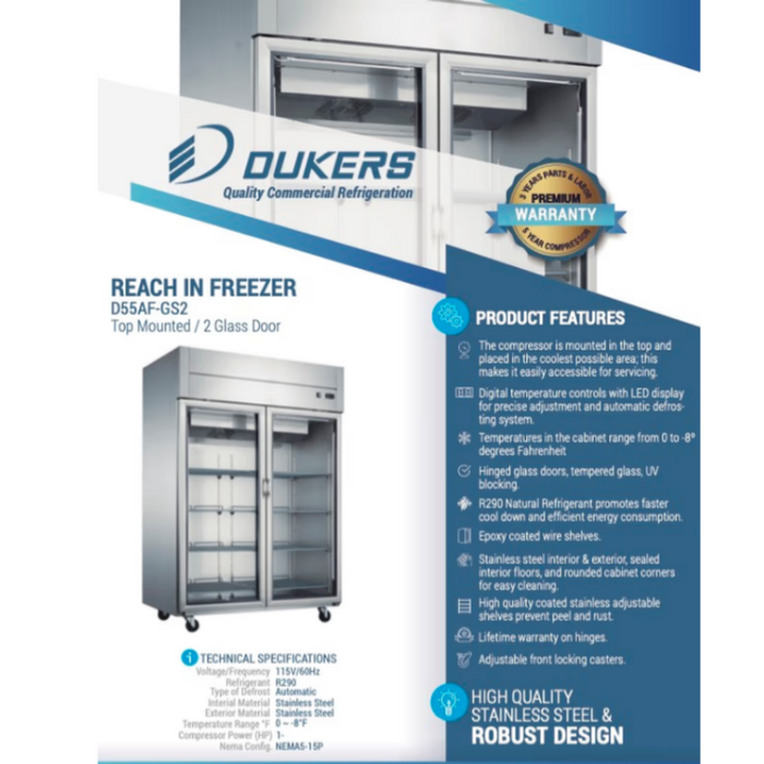 Dukers Reach-Ins Refrigerator D55AF-GS2 Top Mount Glass 2-Door Commercial Reach-in Freezer