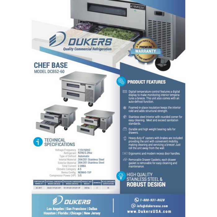 Dukers Chef Base Refrigerators DCB52-60-D2 Chef Base Refrigerator with 2 Drawers