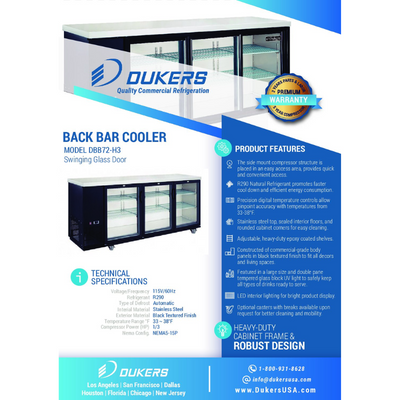 Dukers Bar Beverage Cooler Refrigerator DBB72-H3 3 Door Bar and Beverage Cooler (Hinge Doors)