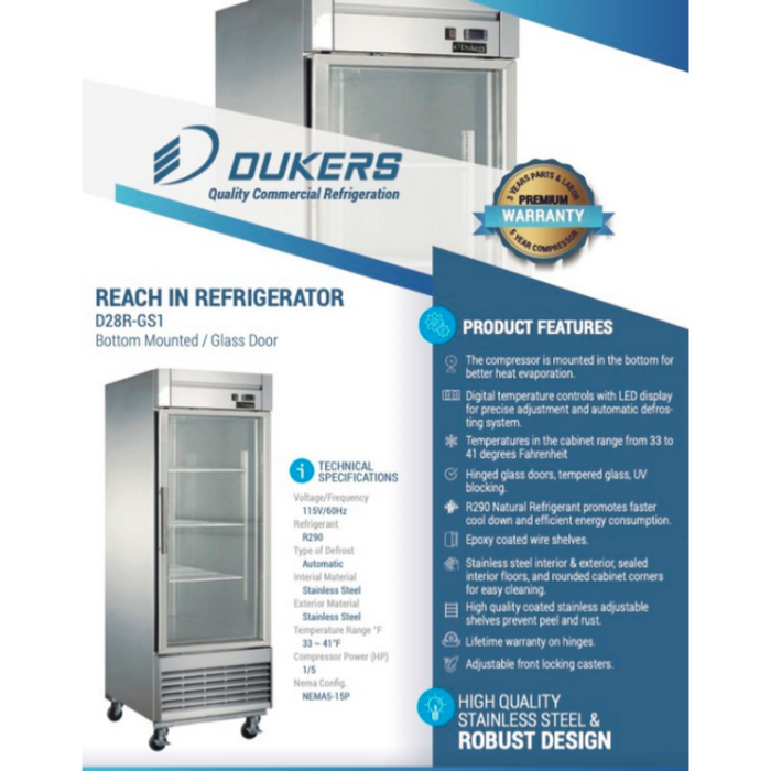 Dukers Reach-Ins Refrigerator D28R-GS1 Bottom Mount Glass Single Door Commercial Reach-in Refrigerator