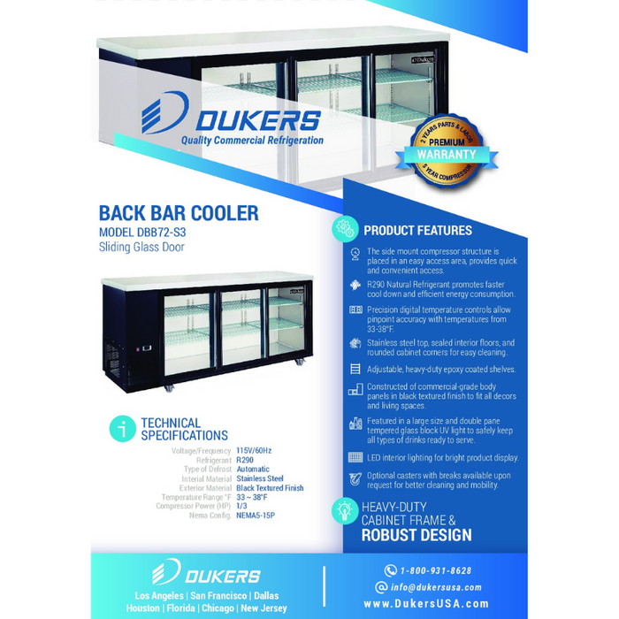 Dukers Bar Beverage Cooler Refrigerator DBB72-S3 3 Door Bar and Beverage Cooler (Sliding Doors)