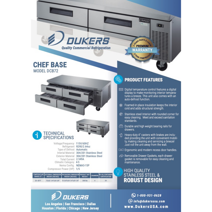 Dukers Chef Base Refrigerators DCB72-D4 Chef Base Refrigerator with 4 Drawers