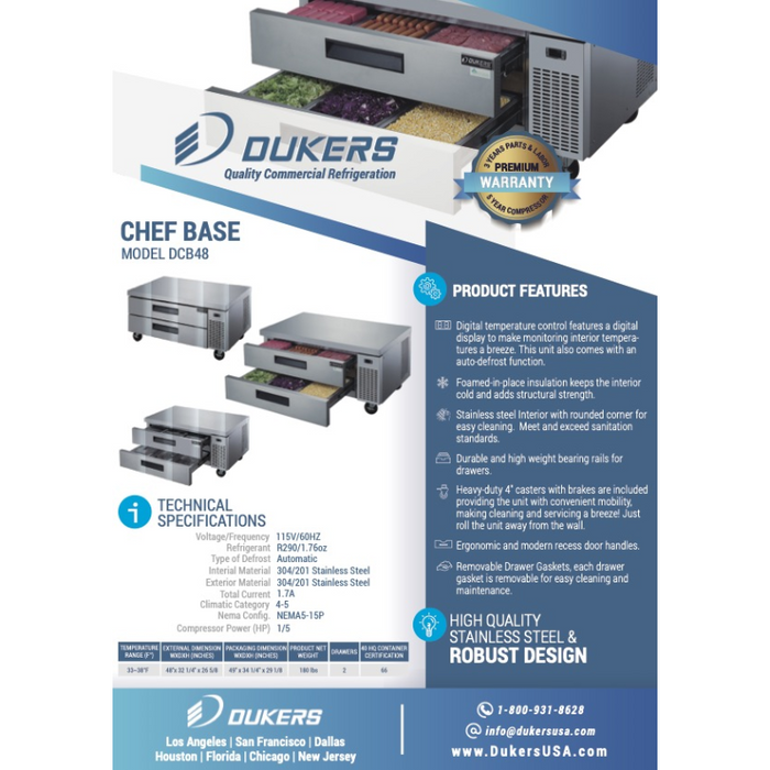 Dukers Chef Base Refrigerators DCB48-D2 Chef Base Refrigerator with 2 Drawers