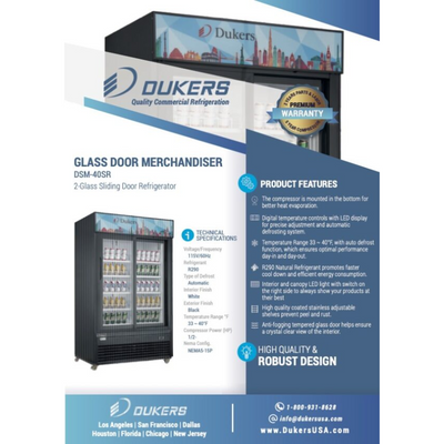 Dukers Glass Door Merchandiser Refrigerator DSM-40SR Commercial Glass Sliding 2-Door Merchandiser Refrigerator in Black
