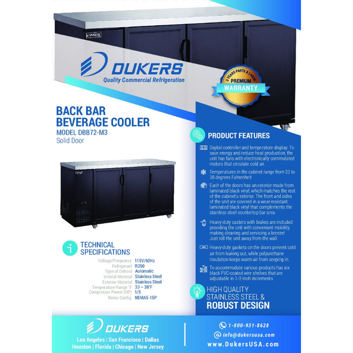 Dukers Bar Beverage Cooler Refrigerator DBB72-M3 3-Door Bar and Beverage Cooler (Solid Doors)