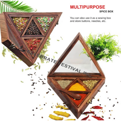 Triangle Wooden Spice Box/ Masala Dabba / Organizer - 8", see Thru Lid and 4 Sections