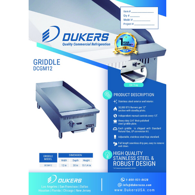 Dukers Griddles DCGM12 12 in. W Griddle with 1 Burners