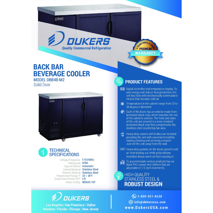 Dukers Bar Beverage Cooler Refrigerator DBB48-M2 2-Door Bar and Beverage Cooler (Solid Doors)