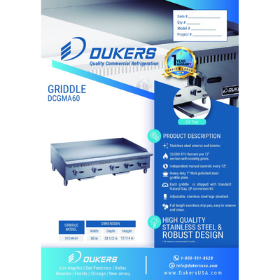 Dukers Griddles DCGMA60 60 in. W Griddle with 5 Burners