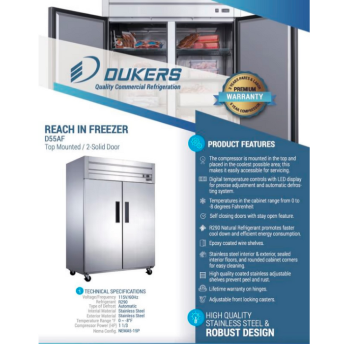 Dukers Reach-Ins Refrigerator D55AF Commercial 2-Door Top Mount Freezer in Stainless Steel