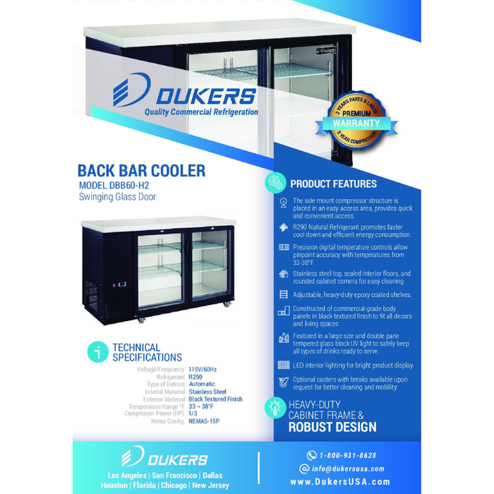 Dukers Bar Beverage Cooler Refrigerator DBB60-H2 2 Door Bar and Beverage Cooler (Hinge Doors)
