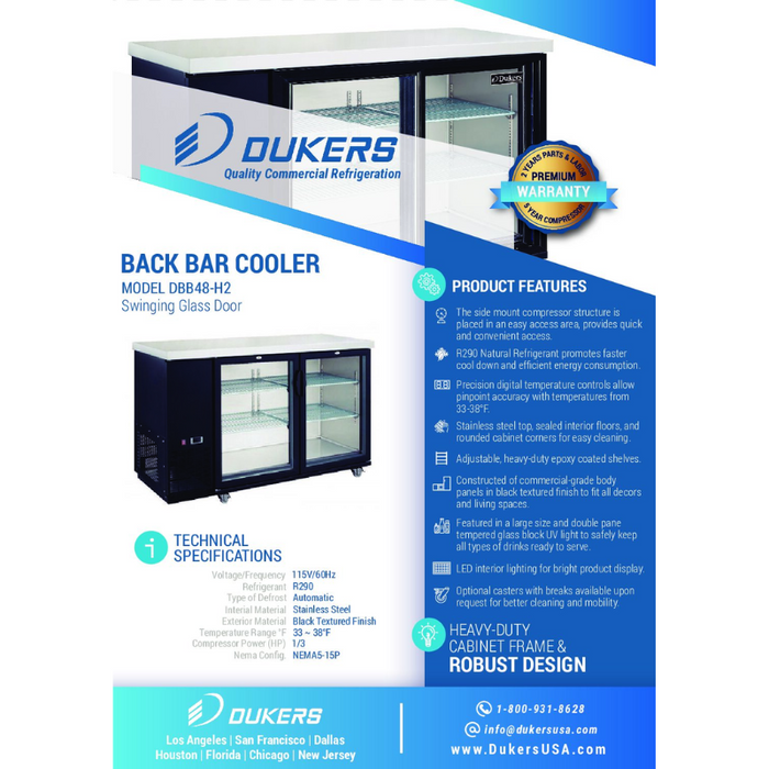 Dukers Bar Beverage Cooler Refrigerator DBB48-H2 2-Door Bar and Beverage Cooler (Hinge Doors)