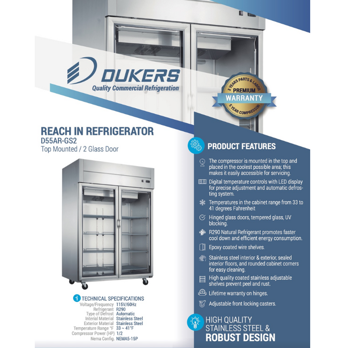 Dukers Reach-Ins Refrigerator D55AR-GS2 Top Mount Glass 2-Door Commercial Reach-in Refrigerator