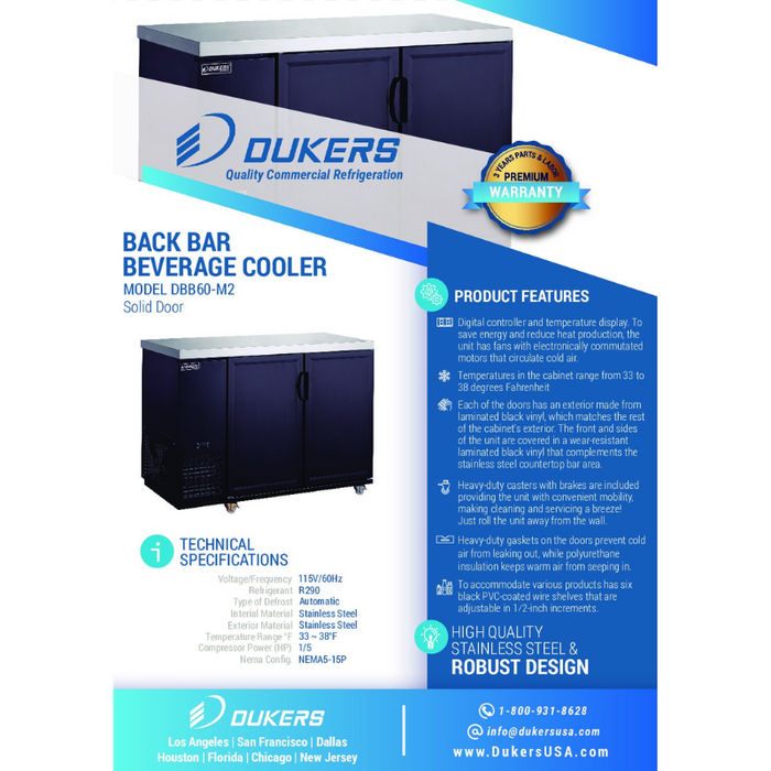 Dukers Bar Beverage Cooler Refrigerator DBB60-M2 2-Door Bar and Beverage Cooler (Solid Doors)