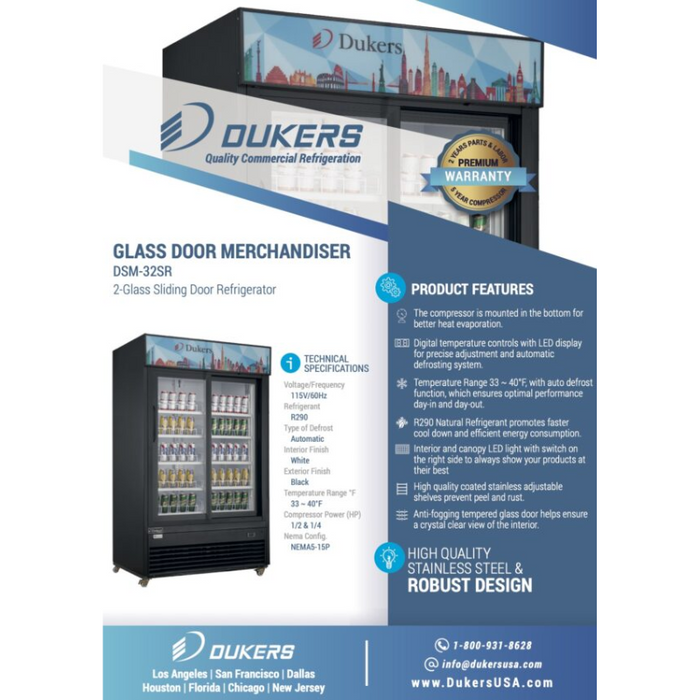 Dukers Glass Door Merchandiser Refrigerator DSM-32SR Commercial Glass Sliding 2-Door Merchandiser Refrigerator