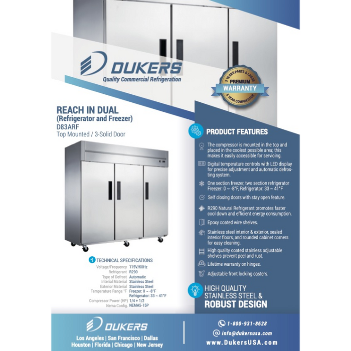 Dukers Reach-Ins Refrigerator D83ARF Top Mount Dual Zone 3-Door Commercial Reach-in Refrigerator & Freezer