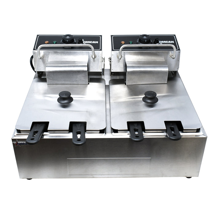 Omcan CE-CN-0012 6 Qt (7 Liters) Double Countertop Electric Fryer – 110V, 1Ph, 1350W (x2)
