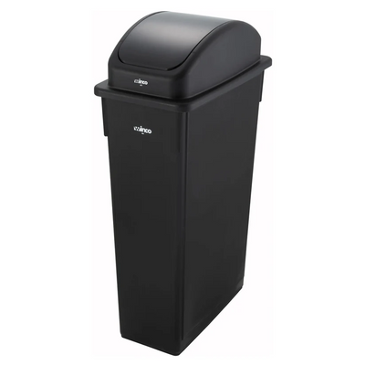 Black commercial waste bin in narrow hallway