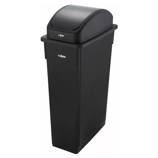 Black commercial waste bin in narrow hallway