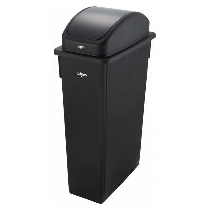Black commercial waste bin in narrow hallway