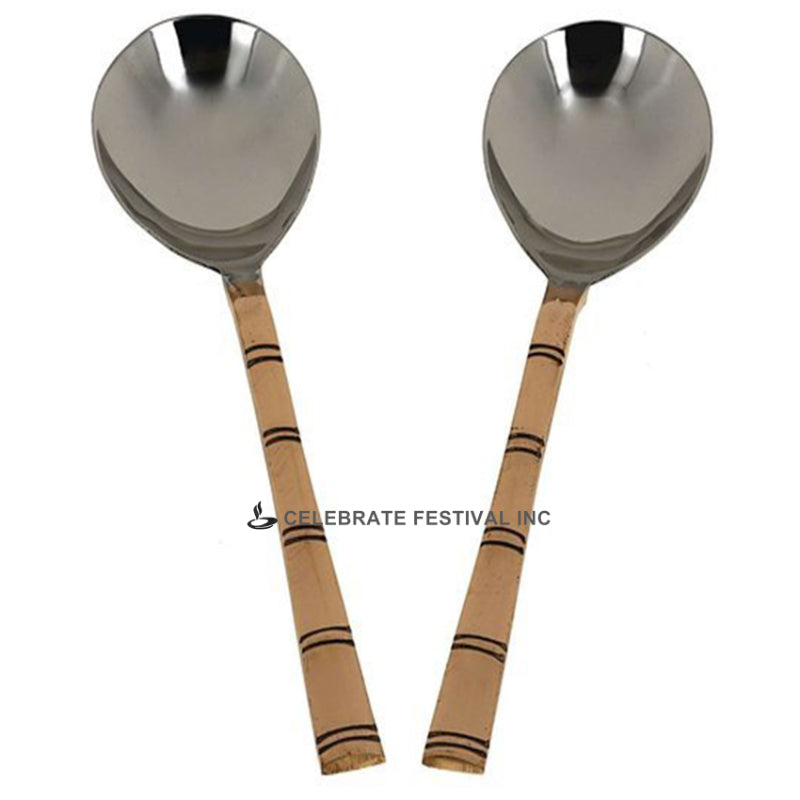 Set of 12 handcrafted copper and stainless steel serving spoons with bamboo shoot handle