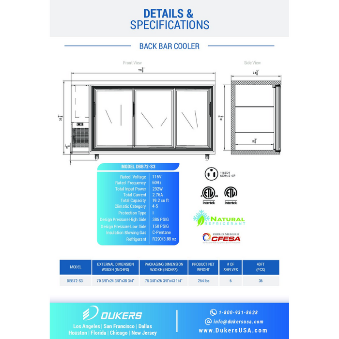 Dukers Bar Beverage Cooler Refrigerator DBB72-S3 3 Door Bar and Beverage Cooler (Sliding Doors)