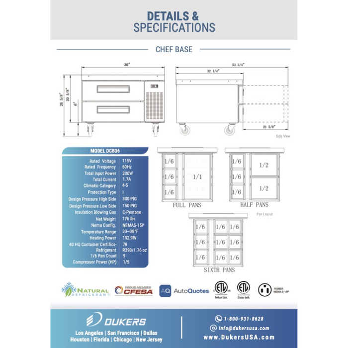 Dukers Chef Base Refrigerators DCB36-D2 Chef Base Refrigerator with 2 Drawers