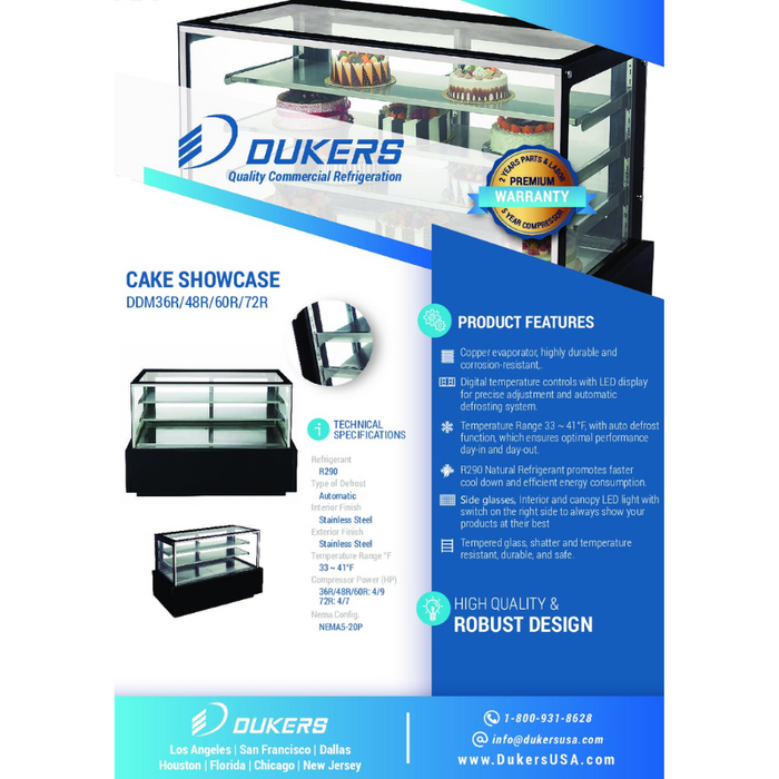 Dukers Cake Showcase Refrigerators DDM72R – Straight Glass 72″ Cake Showcase