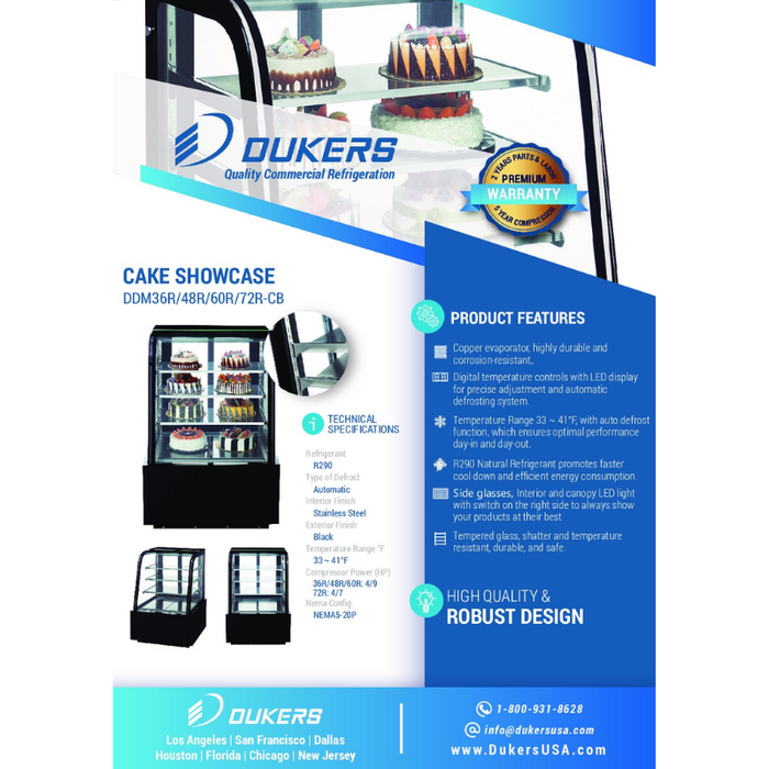 Dukers Cake Showcase Refrigerators DDM72R-CB Curved Glass 72″ Cake Showcase